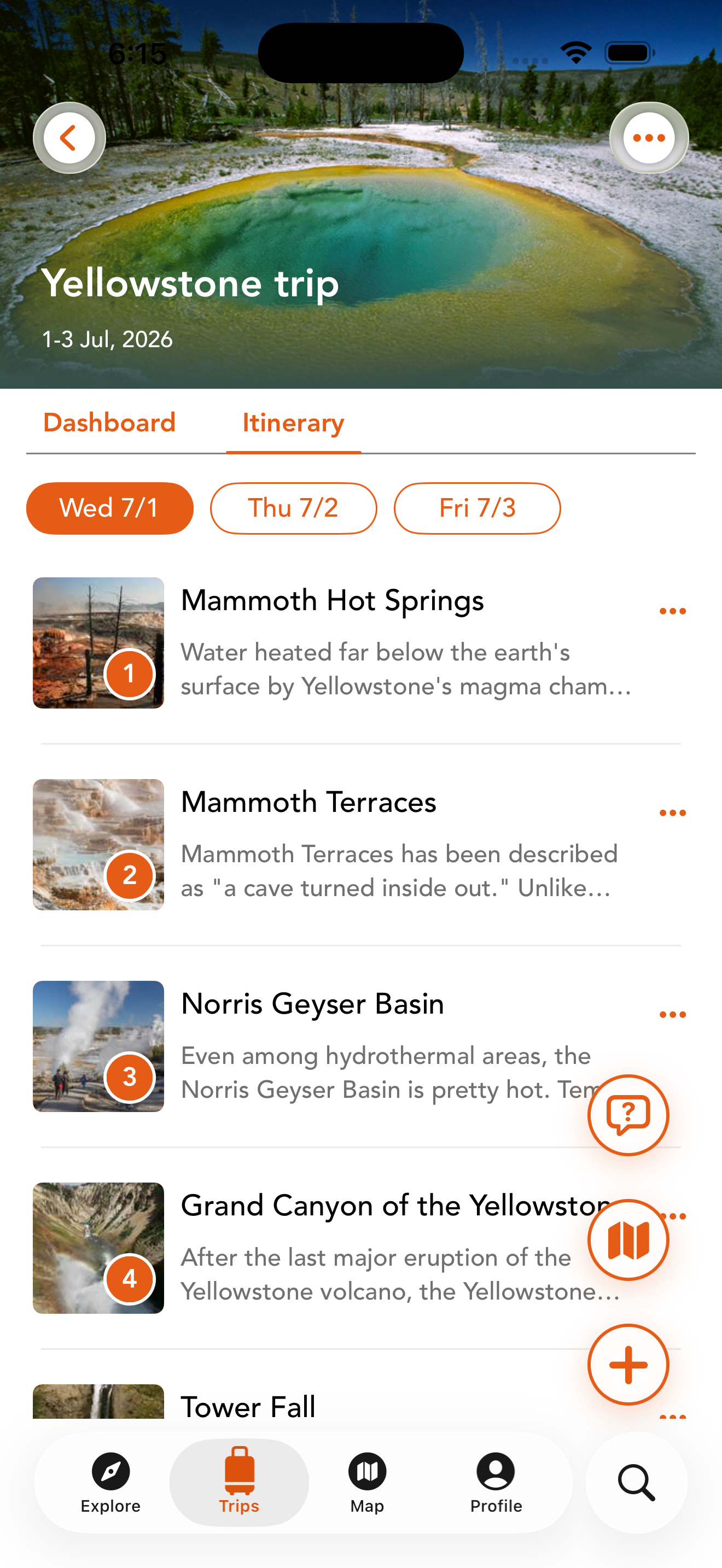 Chimani Yellowstone trip itinerary screen in the app