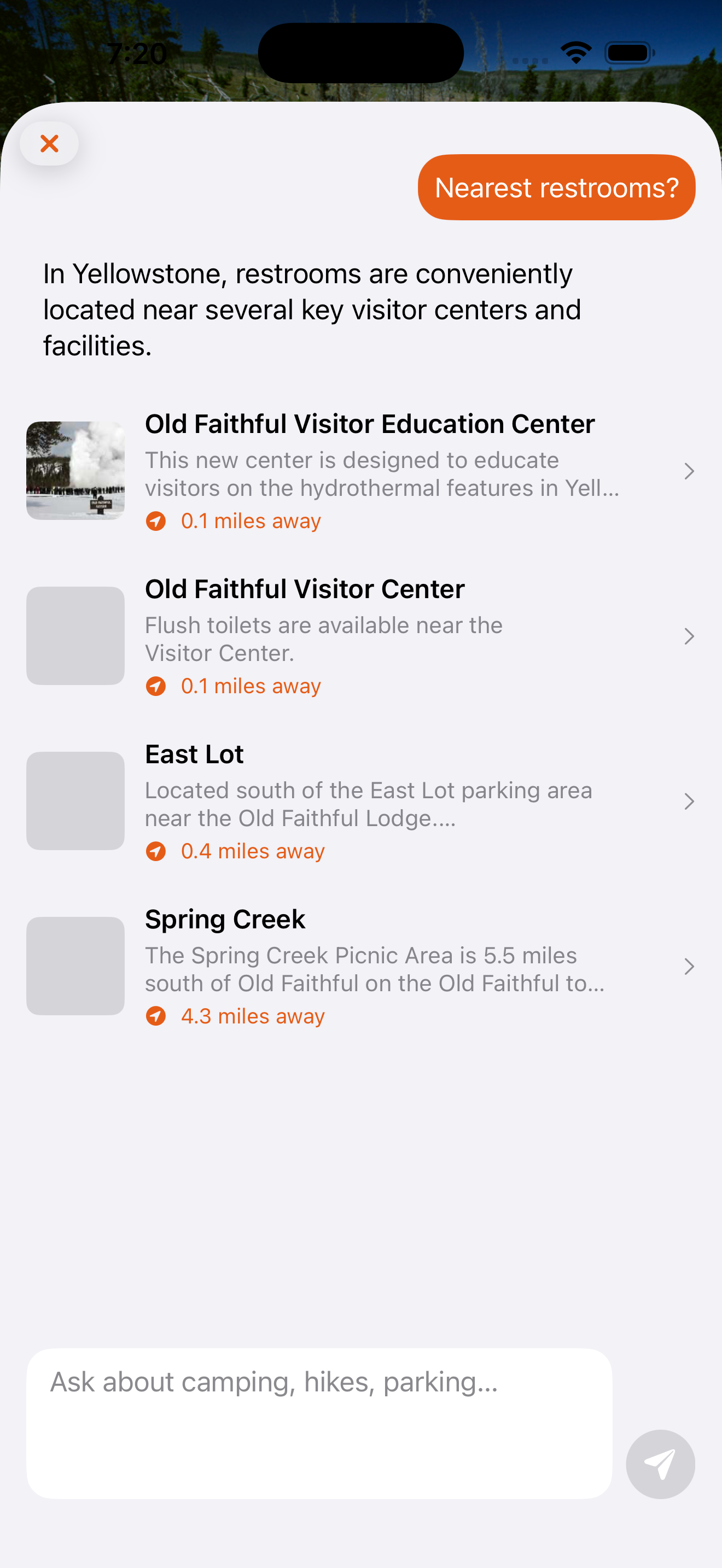 Parkly TM assistant showing nearby restroom results in Yellowstone